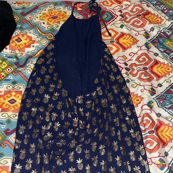 Navy Blue Halter Jumpsuit with Gold Pineapple Print - Picture 3 of 4